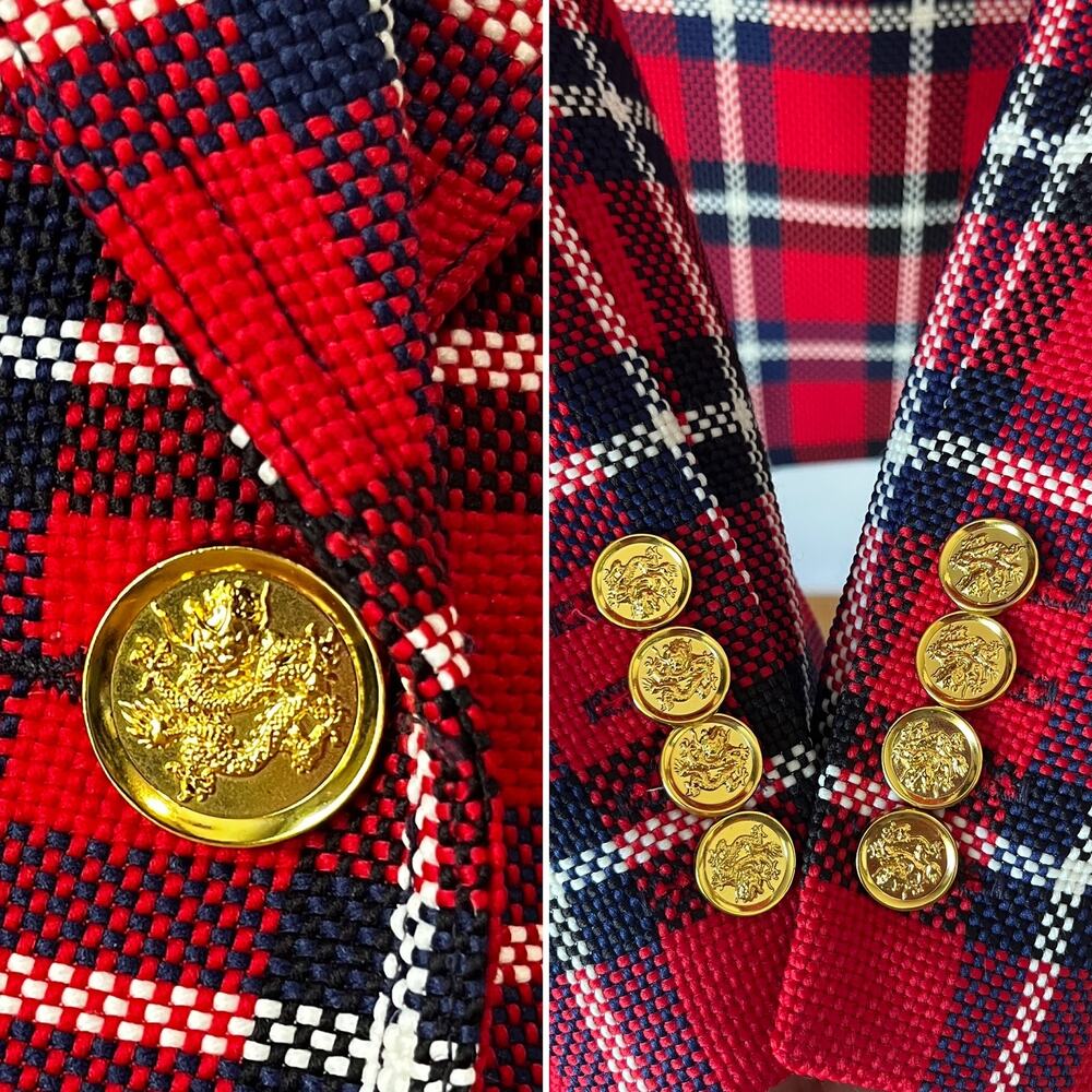 Smythe Patch Pocket Duchess Blazer Red Plaid Gold Button Jacket Size 4 - Picture 4 of 8